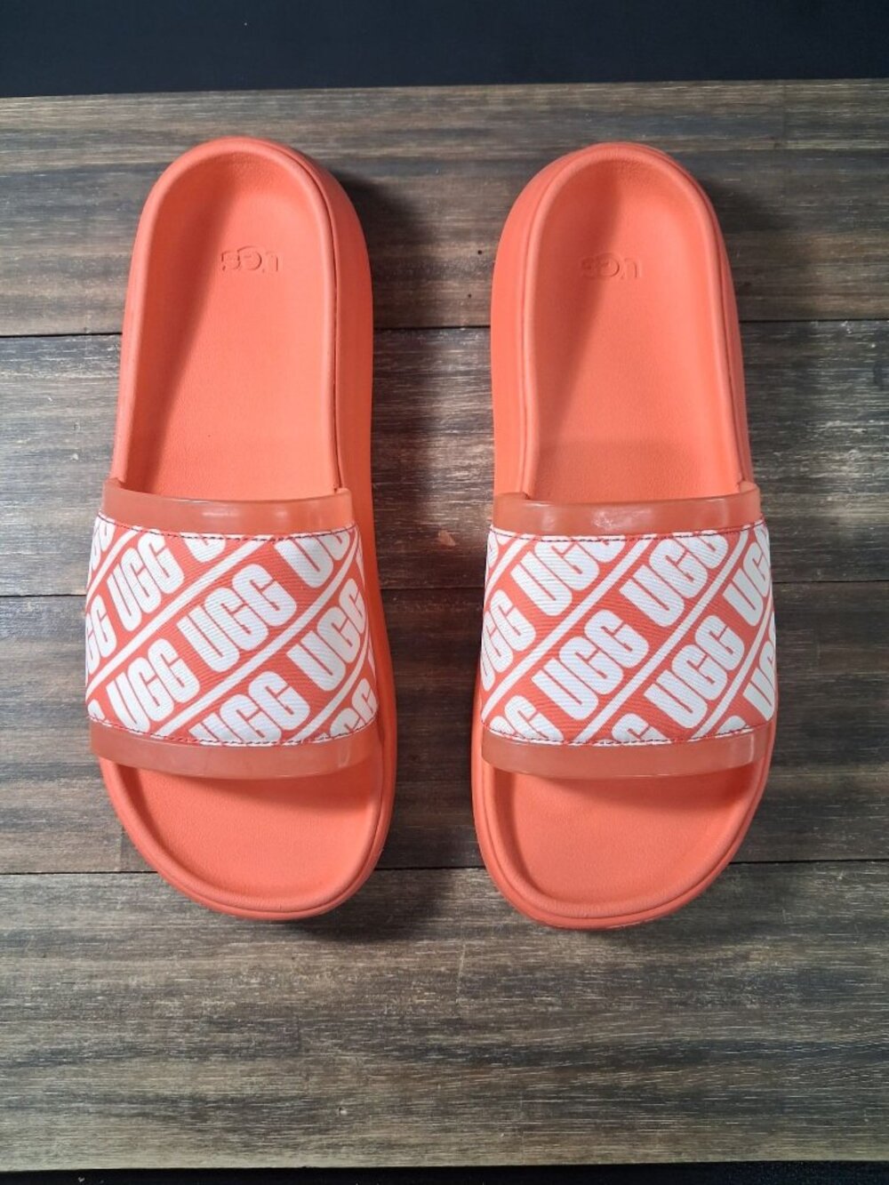 UGG Ruette Slide Sandals Womens Size 9 Pop Coral Orange Graphic Logo Comfort